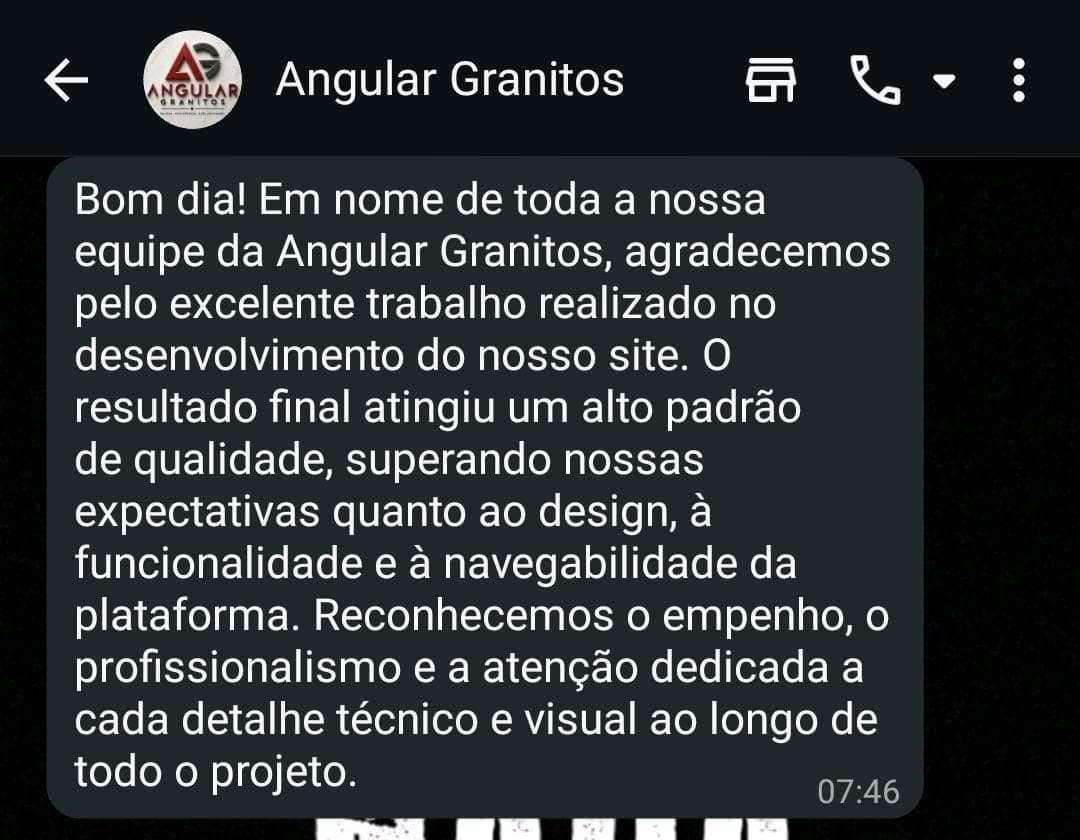 Captura do depoimento da Angular Granitos no WhatsApp sobre o site desenvolvido