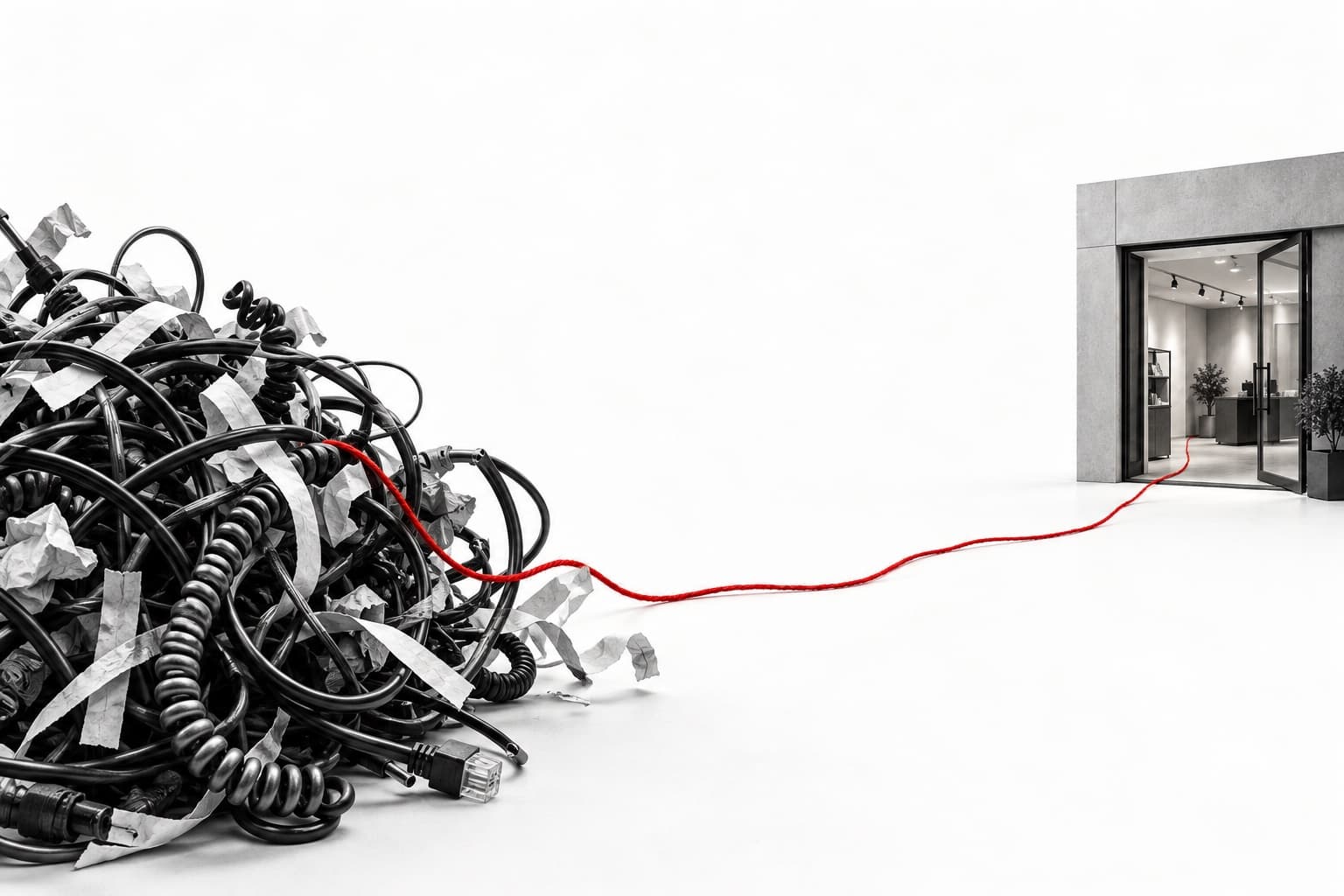 Fios e papéis emaranhados de onde sai uma linha vermelha em direção à entrada de um negócio