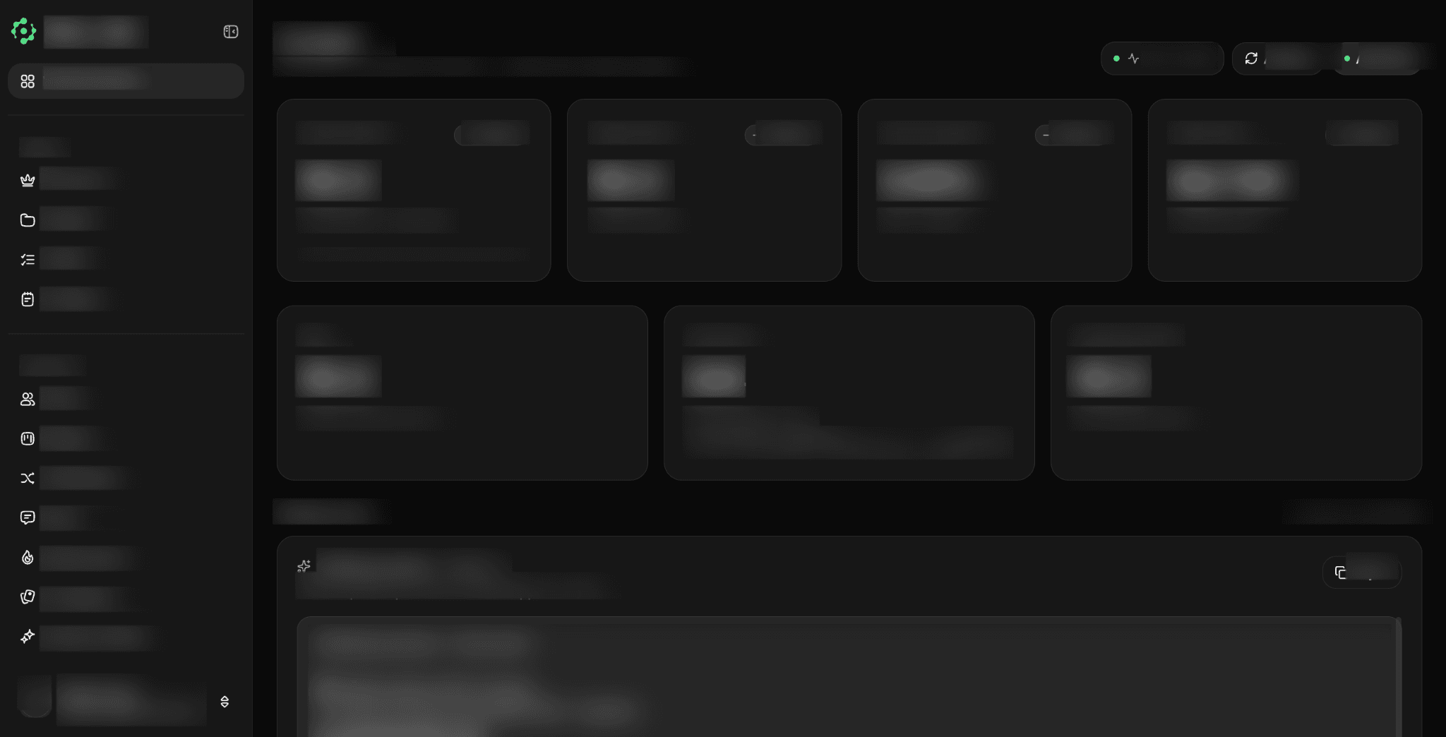 Dashboard do CRM com sidebar de navegação, cards de métricas e área de insights de IA